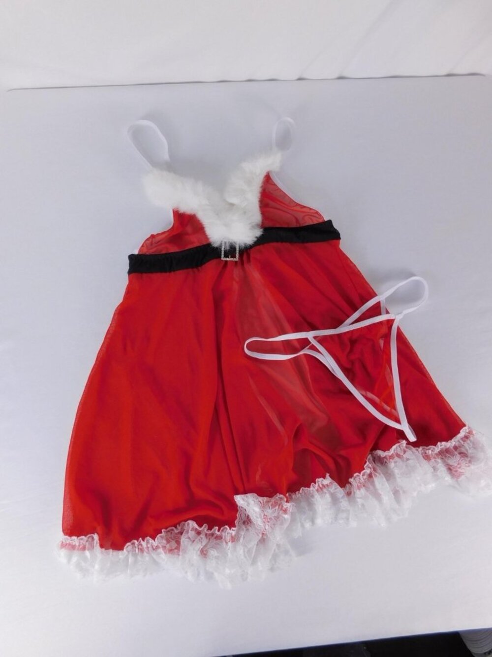 Babydoll Pajama Set Womens S Red Santa Mesh Fur Trim Lace Christmas Lingerie